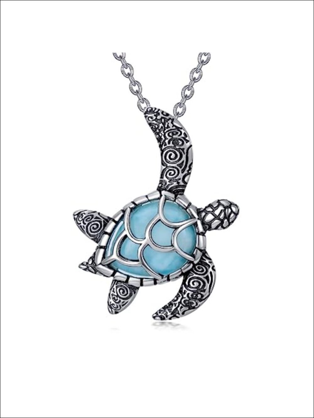 925 Sterling Silver Sea Turtle Larimar Pendant Necklace Ocean Beach Jewelry Gift